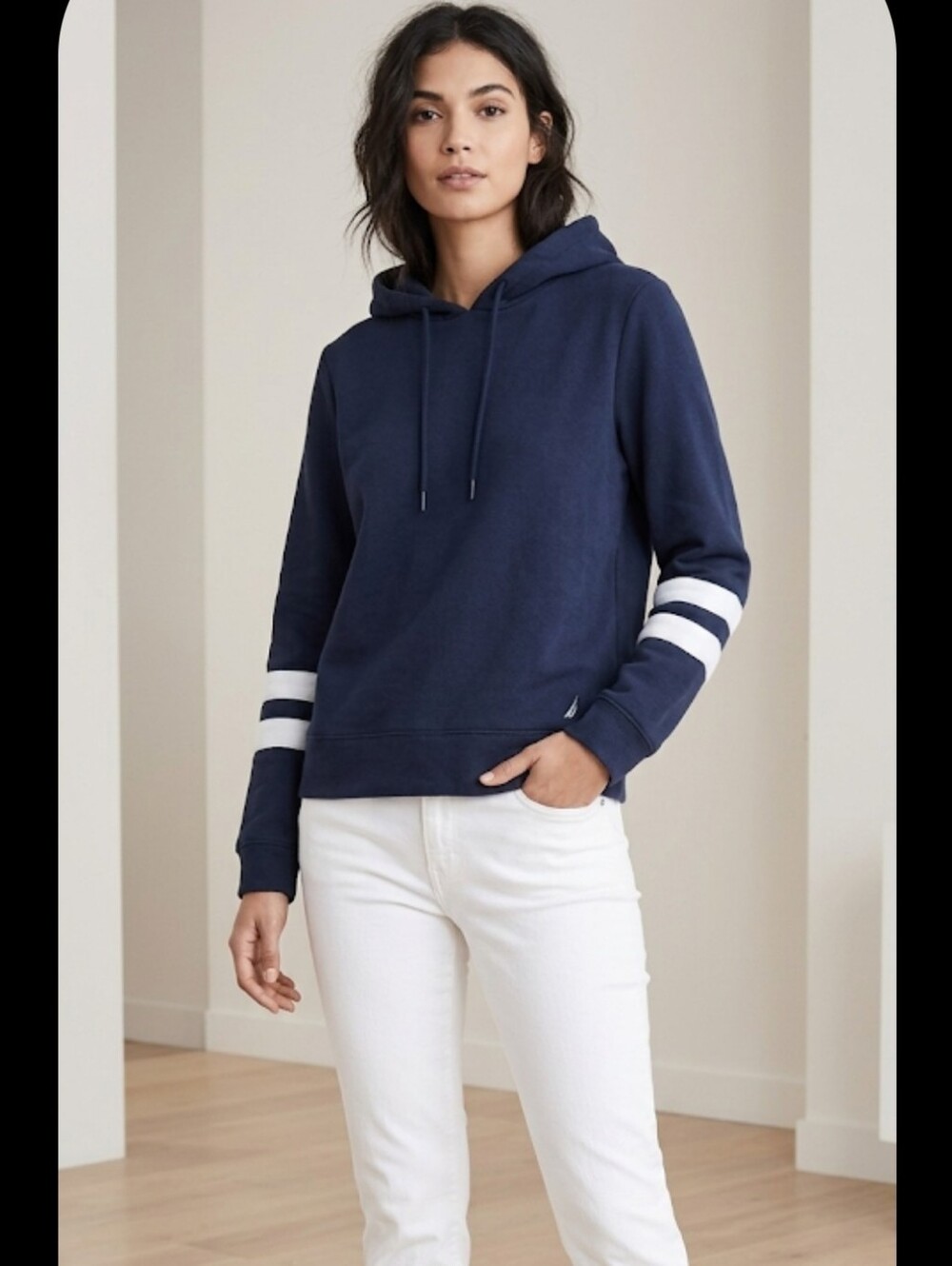 Nautica navy blue cropped Hoodie L arm stripes